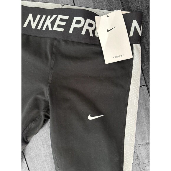 NIKE Pro Dri-Fit Girls Black Gray Mid-Rise Crop Legging Tight Fit Size S + NEW - Picture 7 of 10